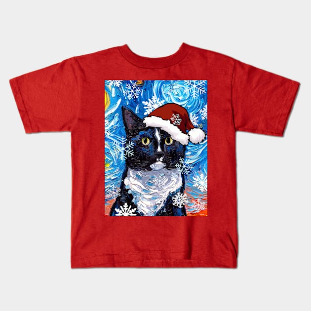 Tuxedo Cat Santa Kids T-Shirt by sagittariusgallery